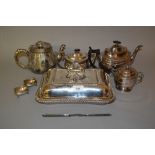 Three silver plated teapots, entree dish, pair of salts, marrow scoop and sugar bowl with cover