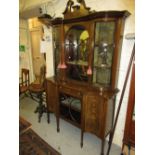 Good quality Edwardian mahogany marquetry inlaid display cabinet, with a swan neck pediment above an