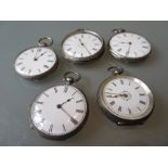 Group of five silver cased open face fob watches