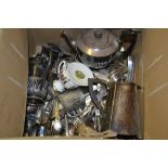 Box containing a small quantity of various silver plated teaware and flatware etc.