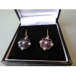 Pair of amethyst and diamond drop earrings