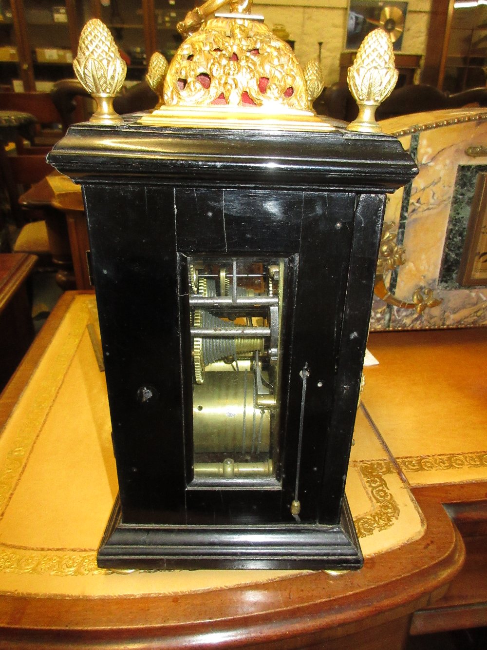 Small 18th Century ebonised and gilt brass table or bracket clock, the gilt basket top and acorn - Image 17 of 19