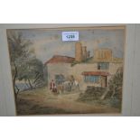 19th Century watercolour, figures and horse outside of a coastal inn, gilt framed, unsigned, 9ins