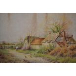 A. Lines, pair of watercolours, rural scenes with figures and farmhouses, 14ins x 20ins, one