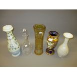 Group of four various 19th/20th Century glass vases, one with yellow overlay and engraved decoration