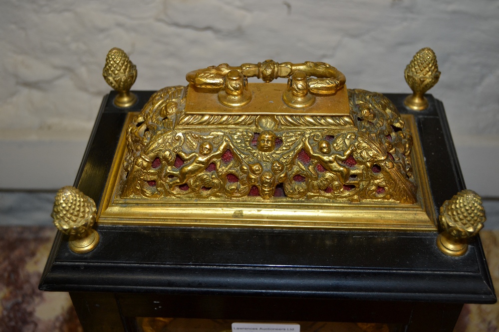 Small 18th Century ebonised and gilt brass table or bracket clock, the gilt basket top and acorn - Image 13 of 19