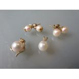 Two pairs of yellow metal pearl set earstuds, two yellow metal pendants, one set pearl and diamond