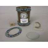 Small French brass cased and champleve enamel carriage clock having brass and enamel dial with Roman