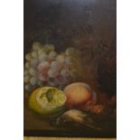 Unframed early 19th Century oil on oak panel, still life with fruit and game, 12.5ins x 11ins