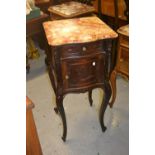 19th Century French rosewood marble top bedside cabinet with single drawer above carved door, raised