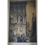 Frank Brangwyn, large unframed, signed print, continental street scene, 28ins x 18ins