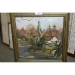 A. Easton, small oil on board, country scene with houses, dated 1985, 10ins square together with