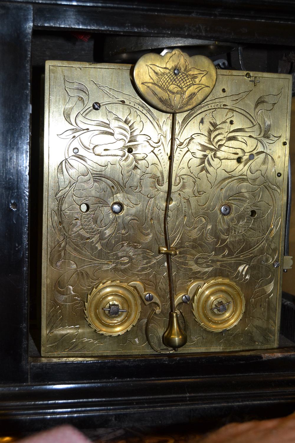 Small 18th Century ebonised and gilt brass table or bracket clock, the gilt basket top and acorn - Image 9 of 19