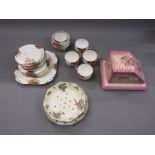 Carlton China ' Sunshine ' pattern tea service, a Royal Dalton strainer and stand and a pottery