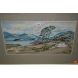 Arthur C. Kemp, watercolur, continental mountain scene with lake and distant town, monogrammed A.K.,