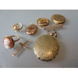 9ct Gold pendant cross, two gold rings and four various lockets