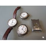 Three silver cased wristwatches (at fault), together with a rectangular steel wristwatch (at fault)