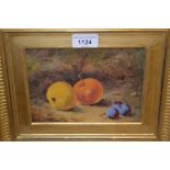 19th Century oil on millboard, still life with fruit on a mossy bank, gilt framed, 5.5ins x 7.5ins