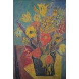 Jean Chedal signed oil on board, flowers in a vase dated 49 (1949), also inscribed on label verso,