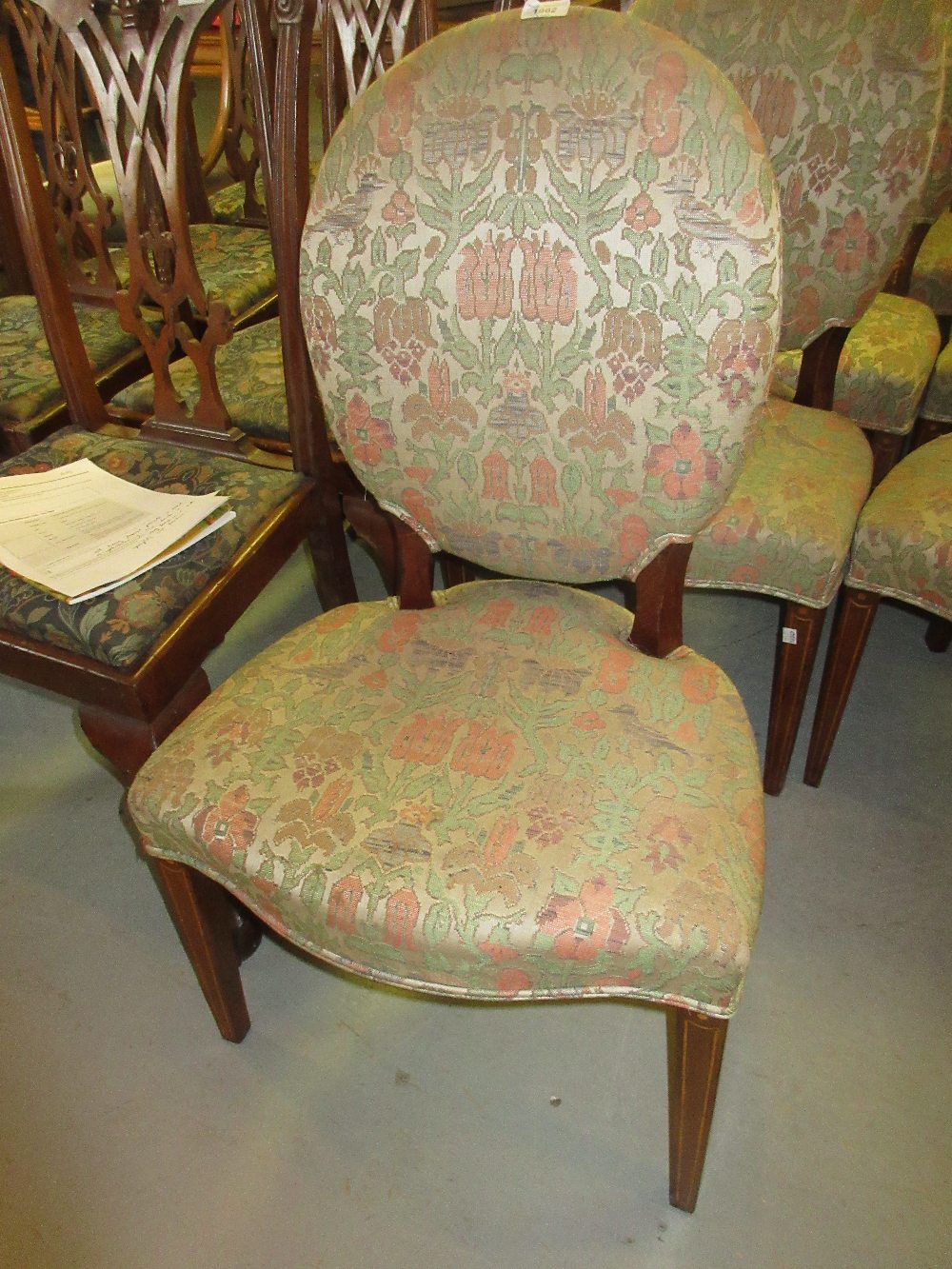 Set of six George III dining chairs with oval upholstered backs above overstuffed seats, raised on - Image 2 of 7