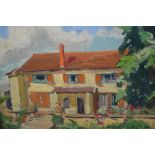 Oil on board, post Impressionist style, study of a cottage and garden, unsigned, 15ins x 19ins, in a