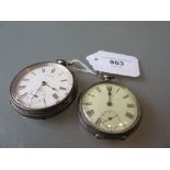 Two silver cased key wind open face pocket watches
