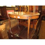 Edwardian mahogany and line inlaid oval occasional table with leather inset top, 28.75ins wide