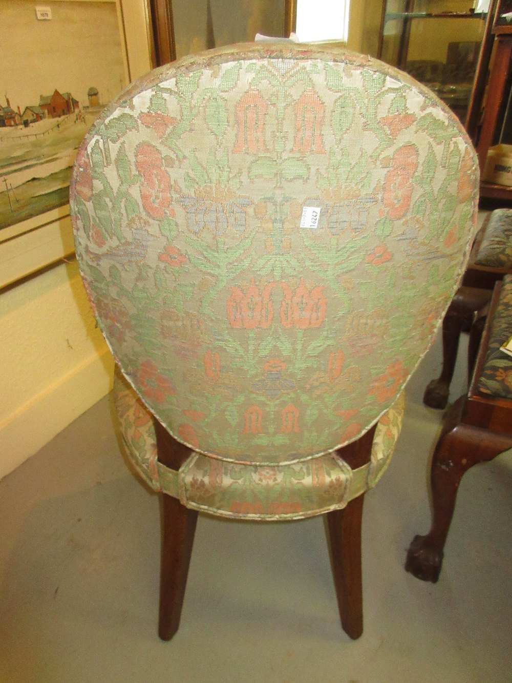 Set of six George III dining chairs with oval upholstered backs above overstuffed seats, raised on - Image 3 of 7