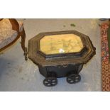 19th Century toleware octagonal shaped coalscuttle, the glass inset top housing a coloured print