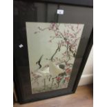 20th Century Chinese silkwork picture, wading birds in a landscape with red seal mark, 27ins x 15ins