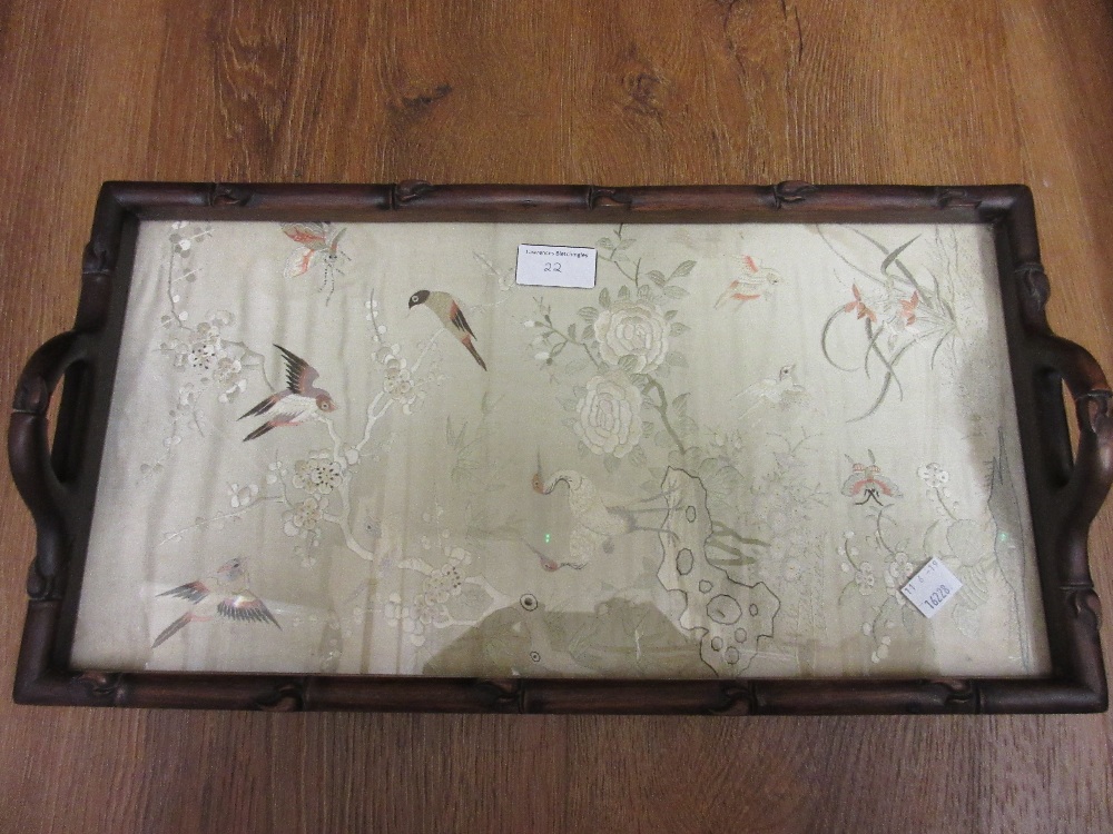 Pair of oak framed Chinese silk embroidered sleeve panels together with a rectangular hardwood - Image 2 of 3