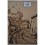 Anthony Ayrton signed sepia ink drawing, street scene, inscribed as a gift from the artist, together