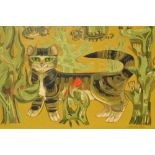 Sheila Flinn, oil on canvas, stylised study of cats, signed 19ins x 26ins , gilt framed with