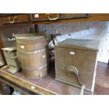 Three various 19th Century butter churns (at fault) together with a seed disperser and a grindstone