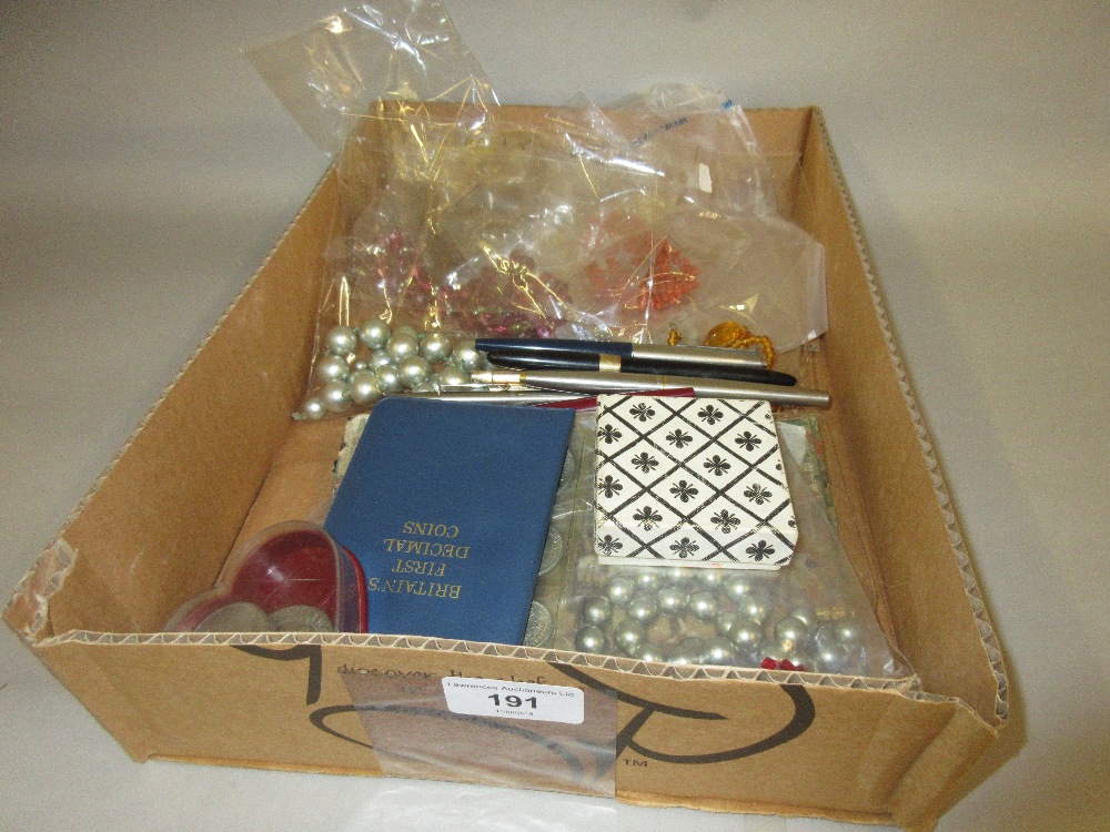 Small quantity of fountain pens and pencils, costume jewellery and coins etc