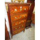 19th Century French Kingwood ormolu mounted narrow chest the rouge marble top above five drawers