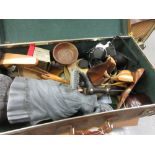 Brown suitcase containing a quanity of miscellaneous items including a resin figure of a lady