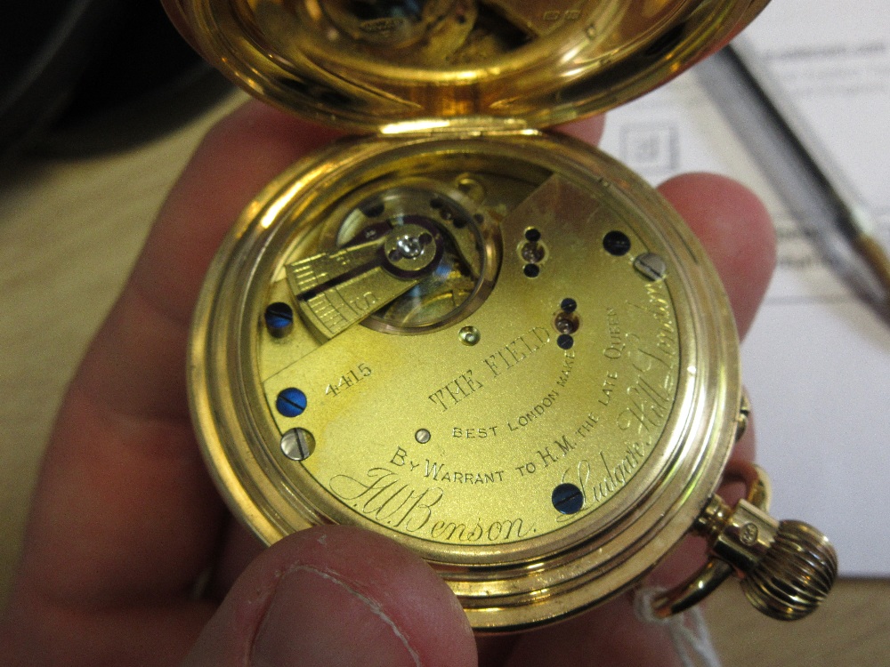 English 18ct gold cased half hunter crown wind pocket watch by J.W. Benson, London, ' The field - Image 4 of 7