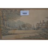 Small framed watercolour and pencil drawing, view of a country house in a landscape, together with