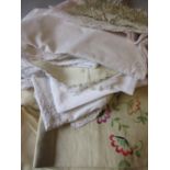 Quantity of lace, drawn thread work and other table linen etc together with a pair of framed