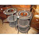Pair of circular 19th Century French ebonised and inlaid etajere Internal beading on one is missing,