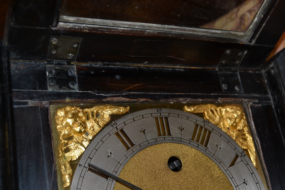 Small 18th Century ebonised and gilt brass table or bracket clock, the gilt basket top and acorn - Image 8 of 19