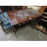 20th Century mahogany drop-leaf two drawer sofa table on swept supports with brass caps and casters