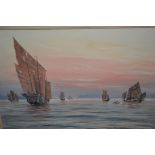 Chinese School gouache painting, shipping off the China coast, inscribed ' Near Shanghai ', 10.