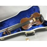 Antique violin with 14.25in one piece back bearing various labels including Houvenel Paris and