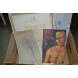 Hugh Griffiths signed oil on canvas, female nude, together with other oils and drawings, figure