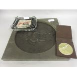 Small Russian medallion in leather case, Charles and Diana resin plaque mounted into slate and a