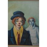 20th Century oil on canvas entitled 'Clowns', signed Bosalo, bearing label verso, gilt framed, 15ins