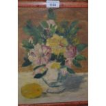 Impressionist style oil on board, flowers in a vase, bearing inscription verso, ' Uriburu ', Bueno -