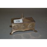 London silver rectangular casket shaped trinket box with scenes of Calcutta on splay supports